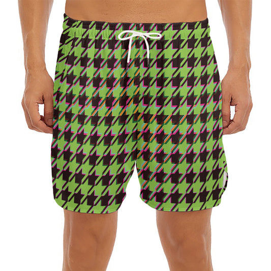 Trippy green Houndstooth Pattern Print Men's Split Running Shorts