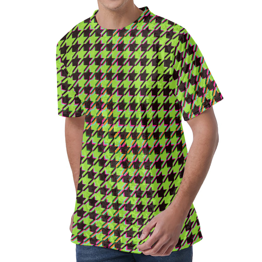Trippy green Houndstooth Pattern Print Men's Velvet T-Shirt