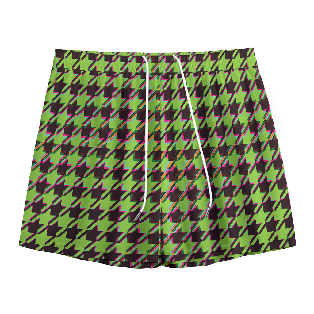 Trippy green Houndstooth Pattern Print Mesh Shorts