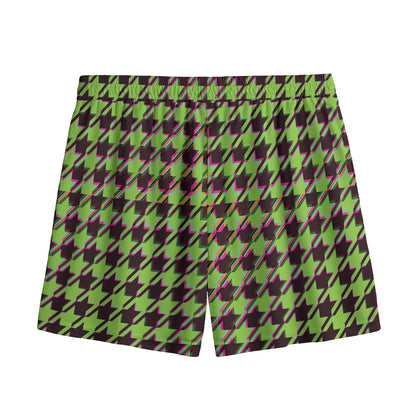 Trippy green Houndstooth Pattern Print Mesh Shorts