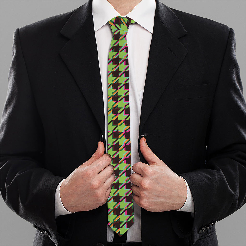 Trippy green Houndstooth Pattern Print Necktie