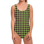 Trippy green Houndstooth Pattern Print One Piece Swimsuit