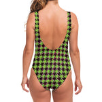 Trippy green Houndstooth Pattern Print One Piece Swimsuit