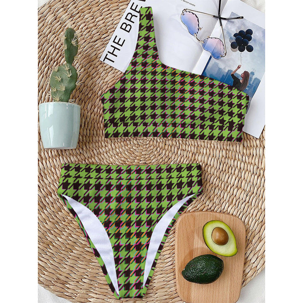 Trippy green Houndstooth Pattern Print One Shoulder Bikini Top