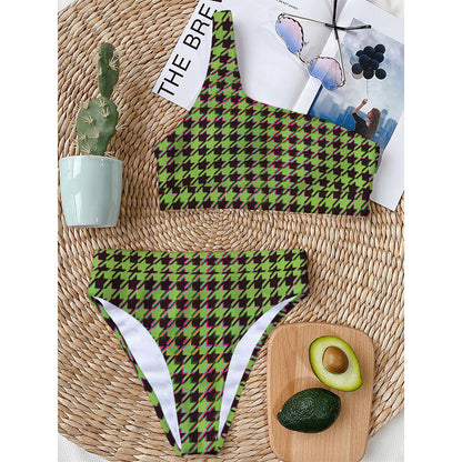 Trippy green Houndstooth Pattern Print One Shoulder Bikini Top