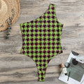 Trippy green Houndstooth Pattern Print One Shoulder Bodysuit