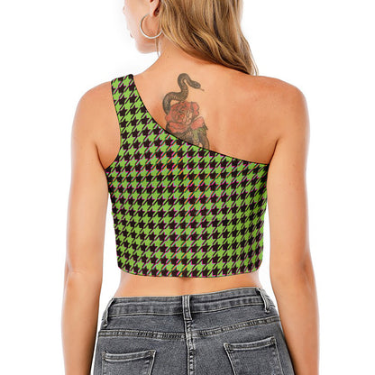 Trippy green Houndstooth Pattern Print One Shoulder Crop Top