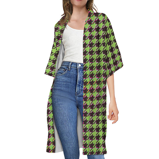 Trippy green Houndstooth Pattern Print Open Front Beach Cover Up
