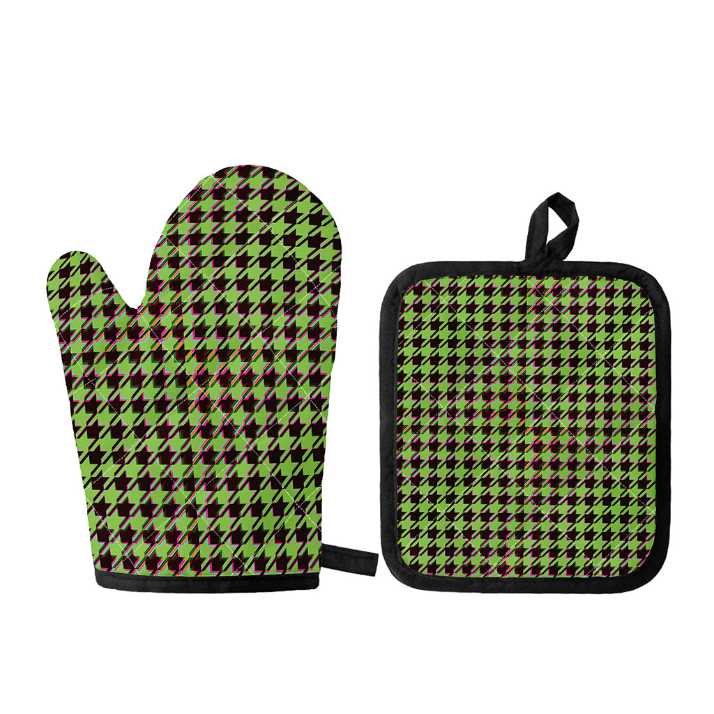 Trippy green Houndstooth Pattern Print Oven Mitt And Pot Holder Set