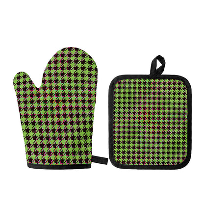 Trippy green Houndstooth Pattern Print Oven Mitt And Pot Holder Set