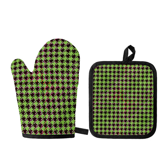 Trippy green Houndstooth Pattern Print Oven Mitt And Pot Holder Set
