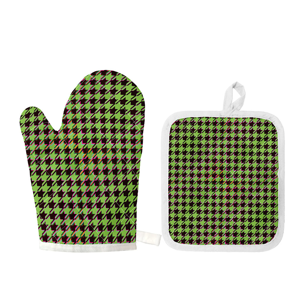 Trippy green Houndstooth Pattern Print Oven Mitt And Pot Holder Set