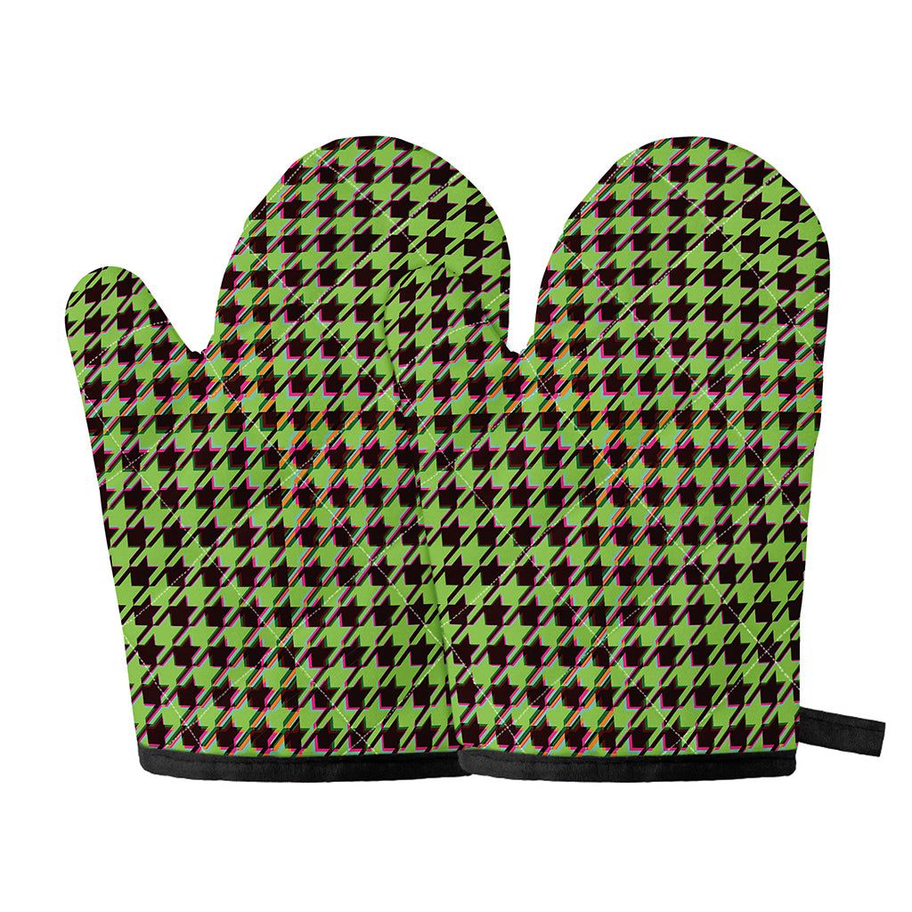 Trippy green Houndstooth Pattern Print Oven Mitts