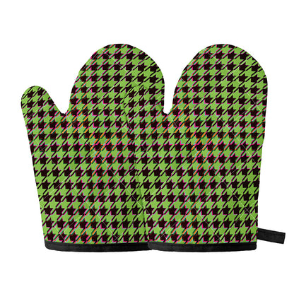 Trippy green Houndstooth Pattern Print Oven Mitts