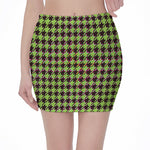 Trippy green Houndstooth Pattern Print Pencil Mini Skirt