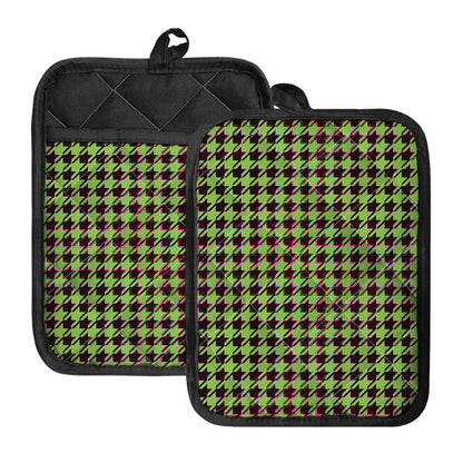 Trippy green Houndstooth Pattern Print Pot Holders With Pocket
