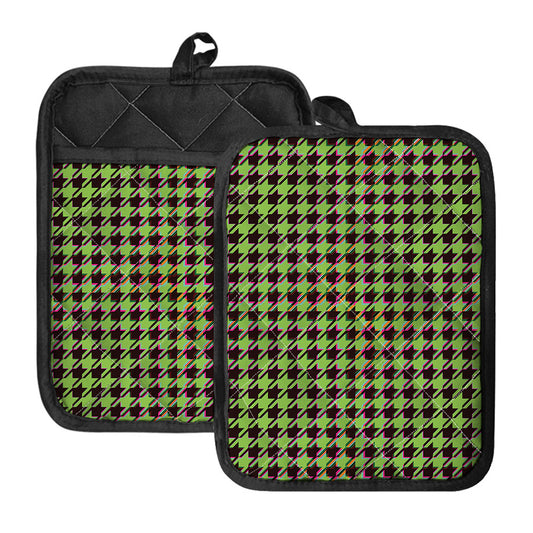 Trippy green Houndstooth Pattern Print Pot Holders With Pocket