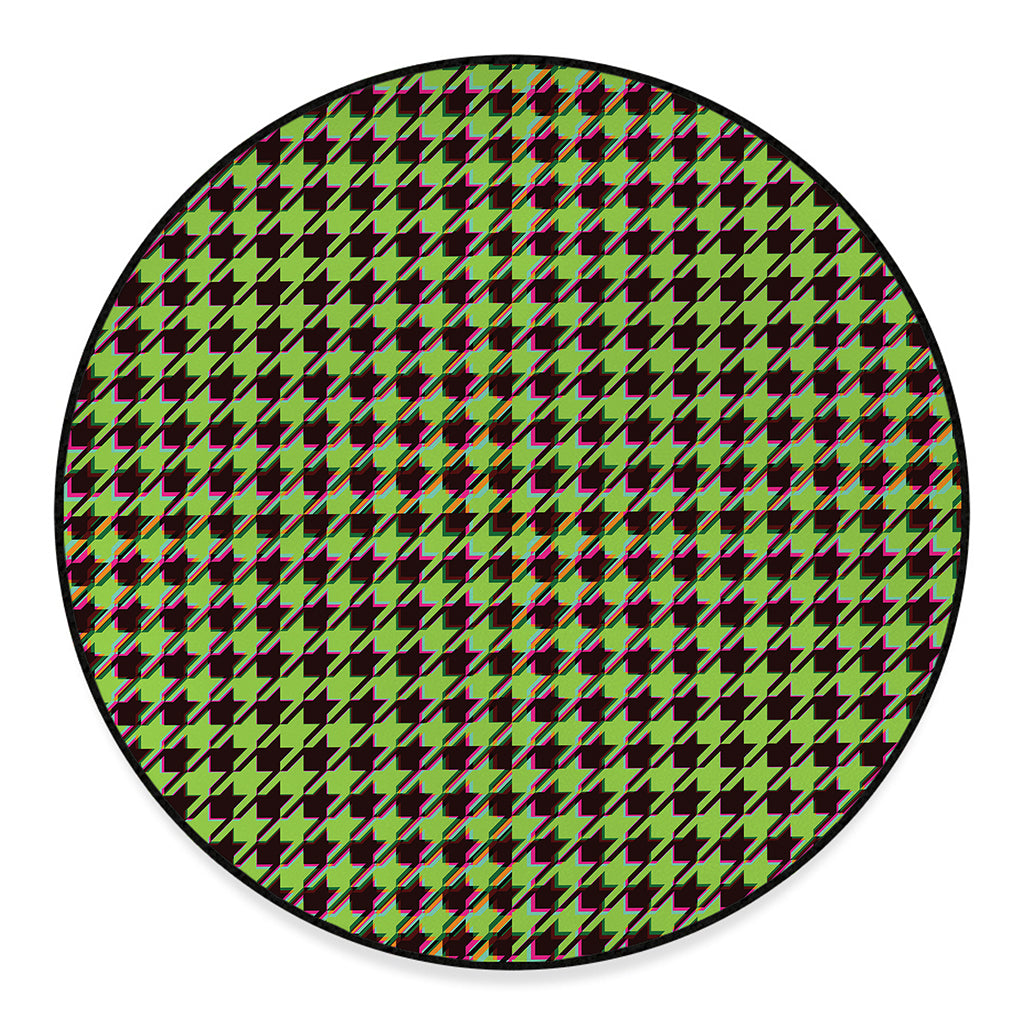Trippy green Houndstooth Pattern Print Round Floor Mat