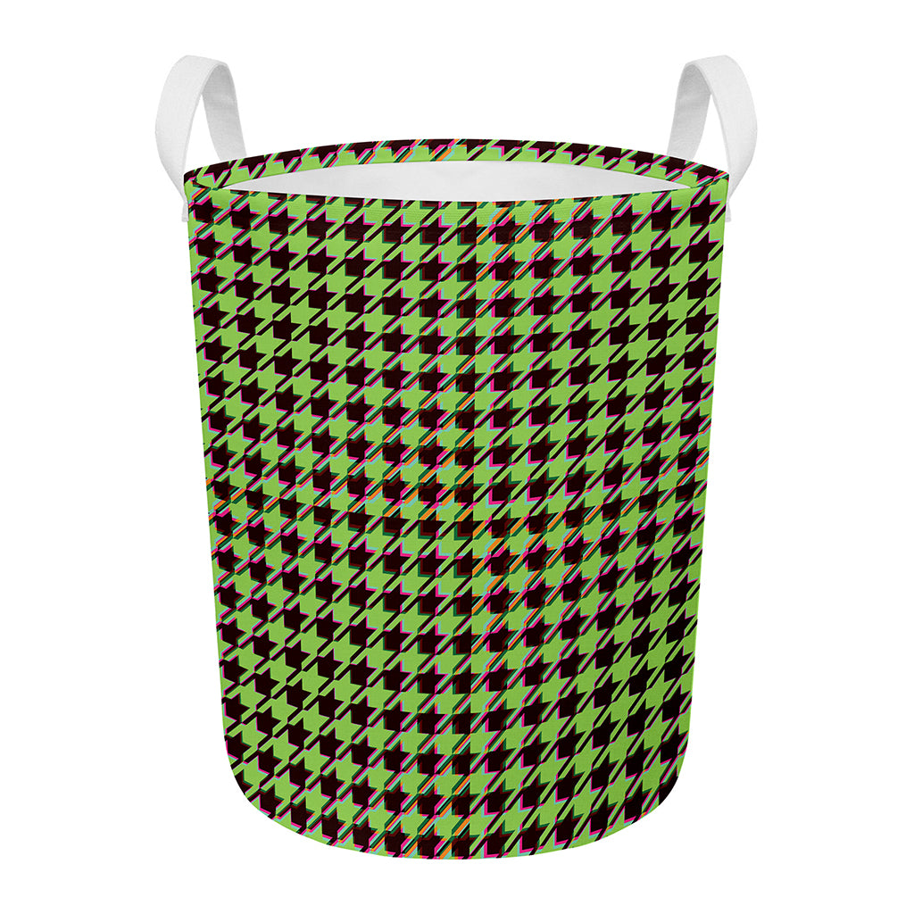 Trippy green Houndstooth Pattern Print Round Laundry Basket