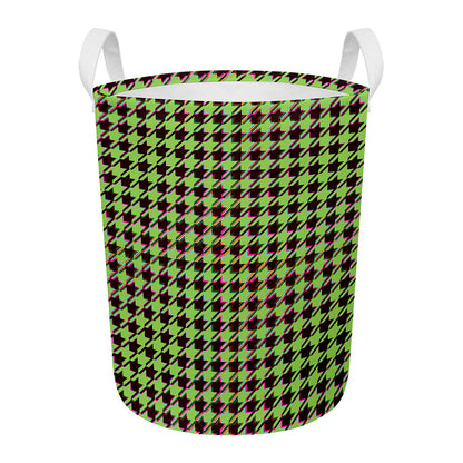Trippy green Houndstooth Pattern Print Round Laundry Basket