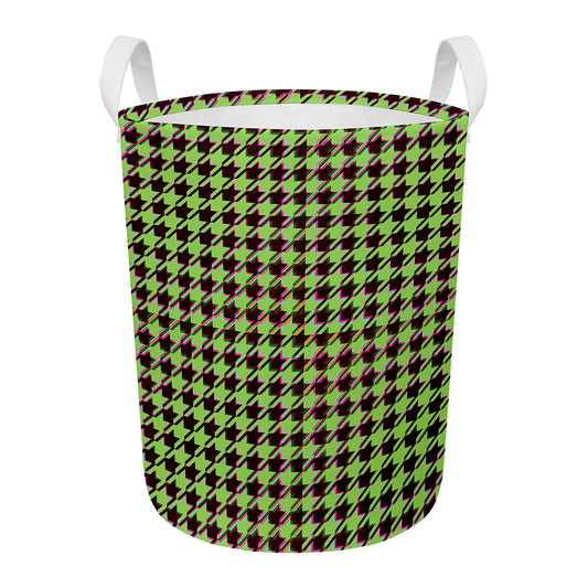 Trippy green Houndstooth Pattern Print Round Laundry Basket