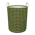 Trippy green Houndstooth Pattern Print Round Laundry Basket