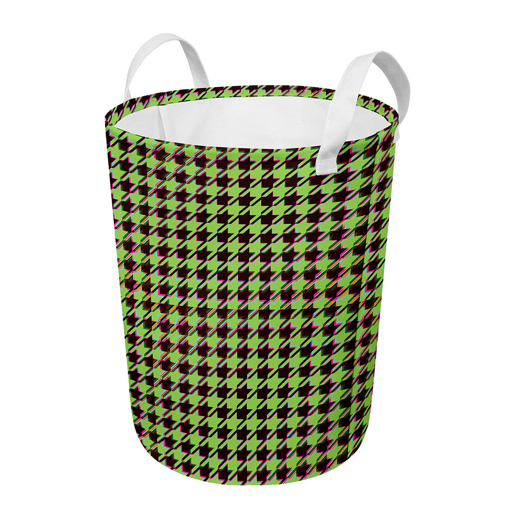 Trippy green Houndstooth Pattern Print Round Laundry Basket