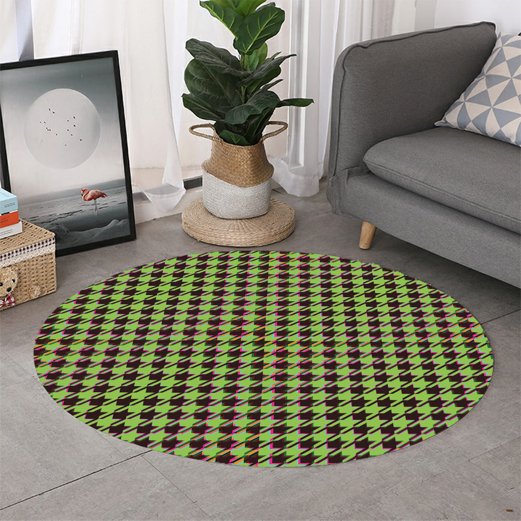 Trippy green Houndstooth Pattern Print Round Rug