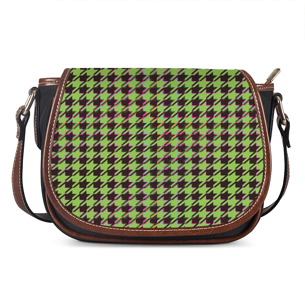 Trippy green Houndstooth Pattern Print Saddle Bag