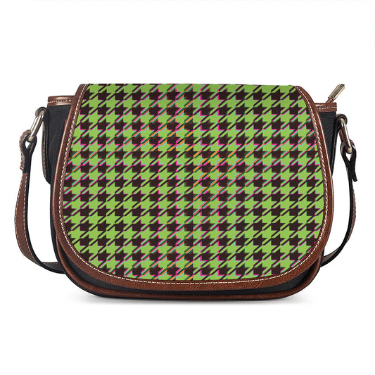 Trippy green Houndstooth Pattern Print Saddle Bag