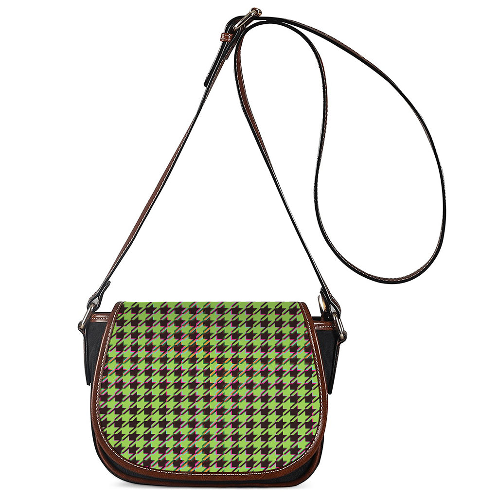 Trippy green Houndstooth Pattern Print Saddle Bag