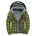 Trippy green Houndstooth Pattern Print Sherpa Lined Zip Up Hoodie