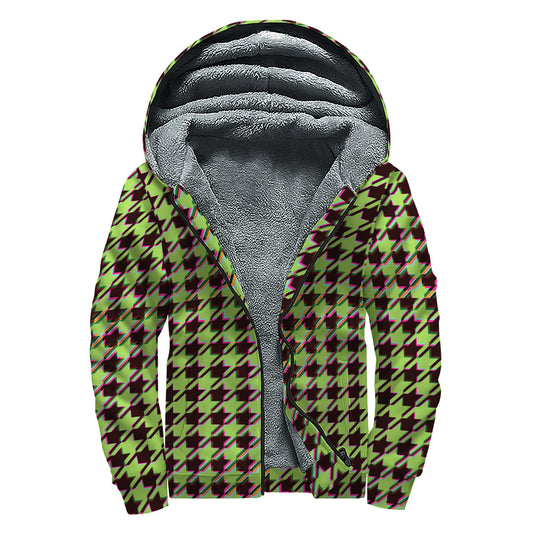 Trippy green Houndstooth Pattern Print Sherpa Lined Zip Up Hoodie