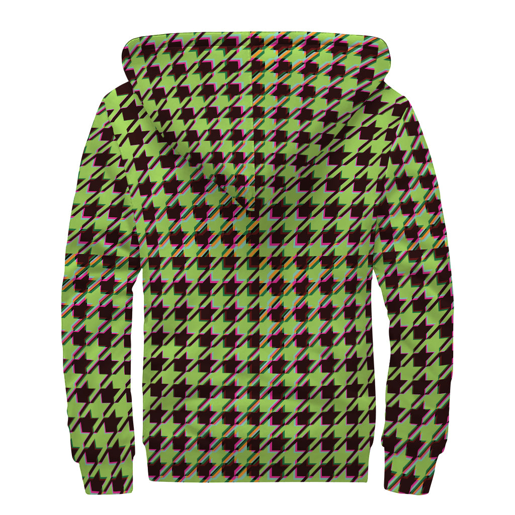 Trippy green Houndstooth Pattern Print Sherpa Lined Zip Up Hoodie