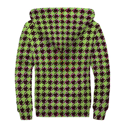 Trippy green Houndstooth Pattern Print Sherpa Lined Zip Up Hoodie
