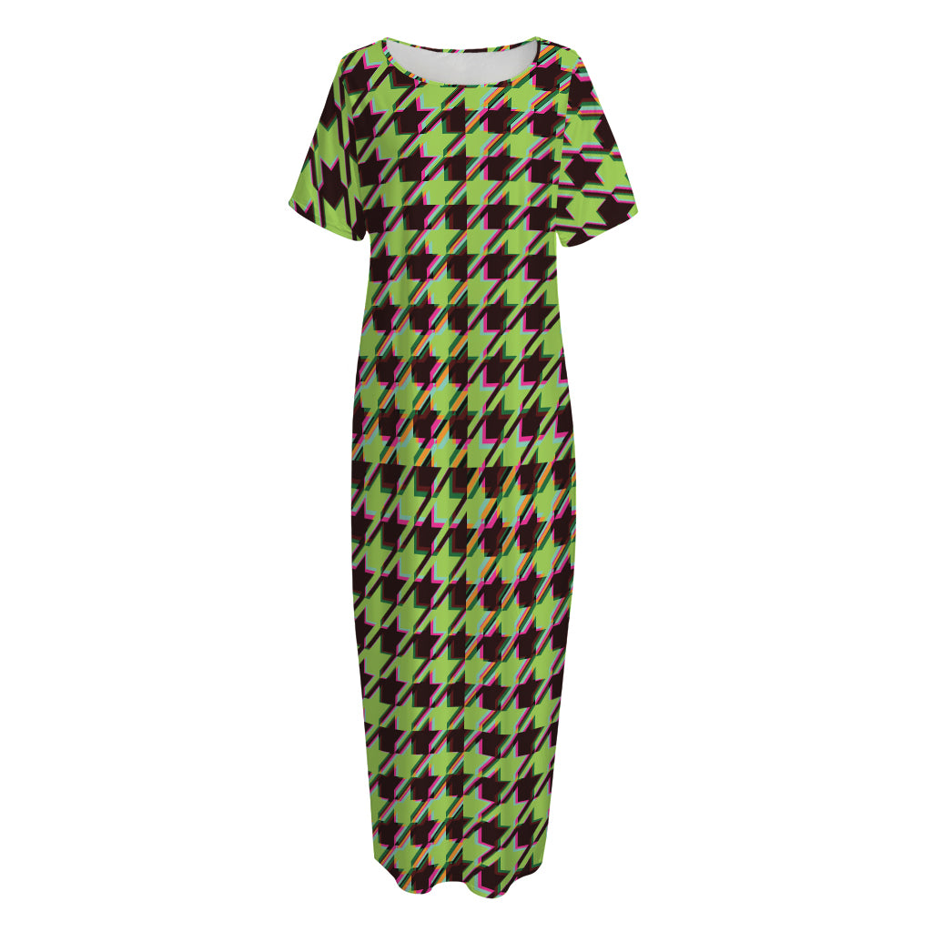 Trippy green Houndstooth Pattern Print Short Sleeve Long Nightdress