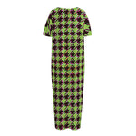 Trippy green Houndstooth Pattern Print Short Sleeve Long Nightdress