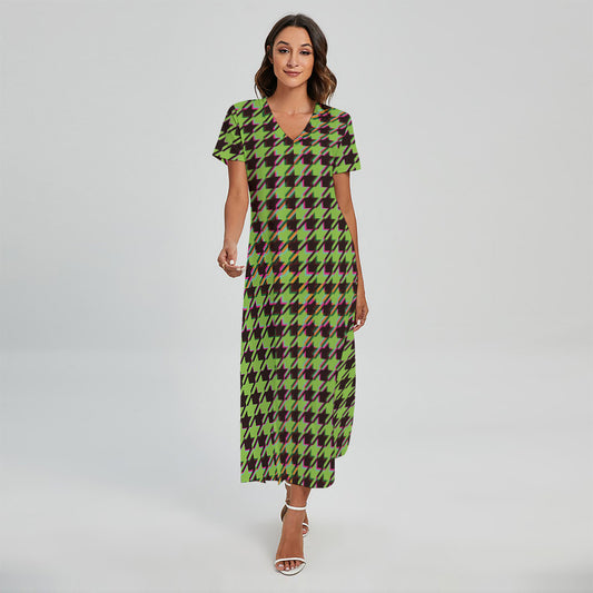 Trippy green Houndstooth Pattern Print Short Sleeve Maxi Dress