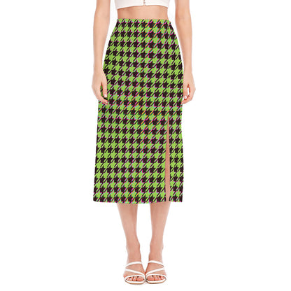 Trippy green Houndstooth Pattern Print Side Slit Midi Skirt