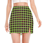 Trippy green Houndstooth Pattern Print Side Slit Mini Skirt