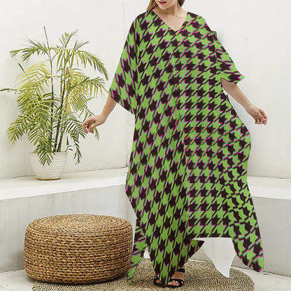 Trippy green Houndstooth Pattern Print Silk V-Neck Kaftan Dress