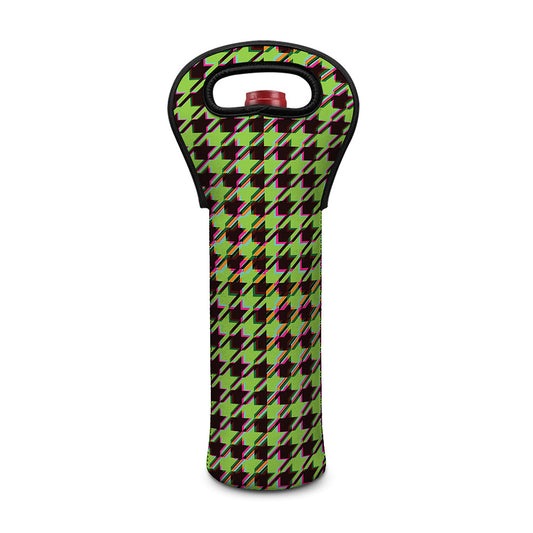 Trippy green Houndstooth Pattern Print Single Neoprene Wine Tote