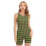 Trippy green Houndstooth Pattern Print Sleeveless One Piece Swimsuit