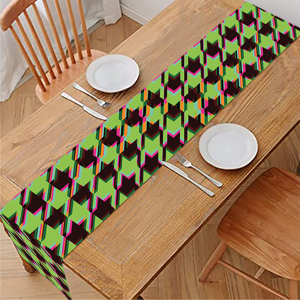 Trippy green Houndstooth Pattern Print Table Runner
