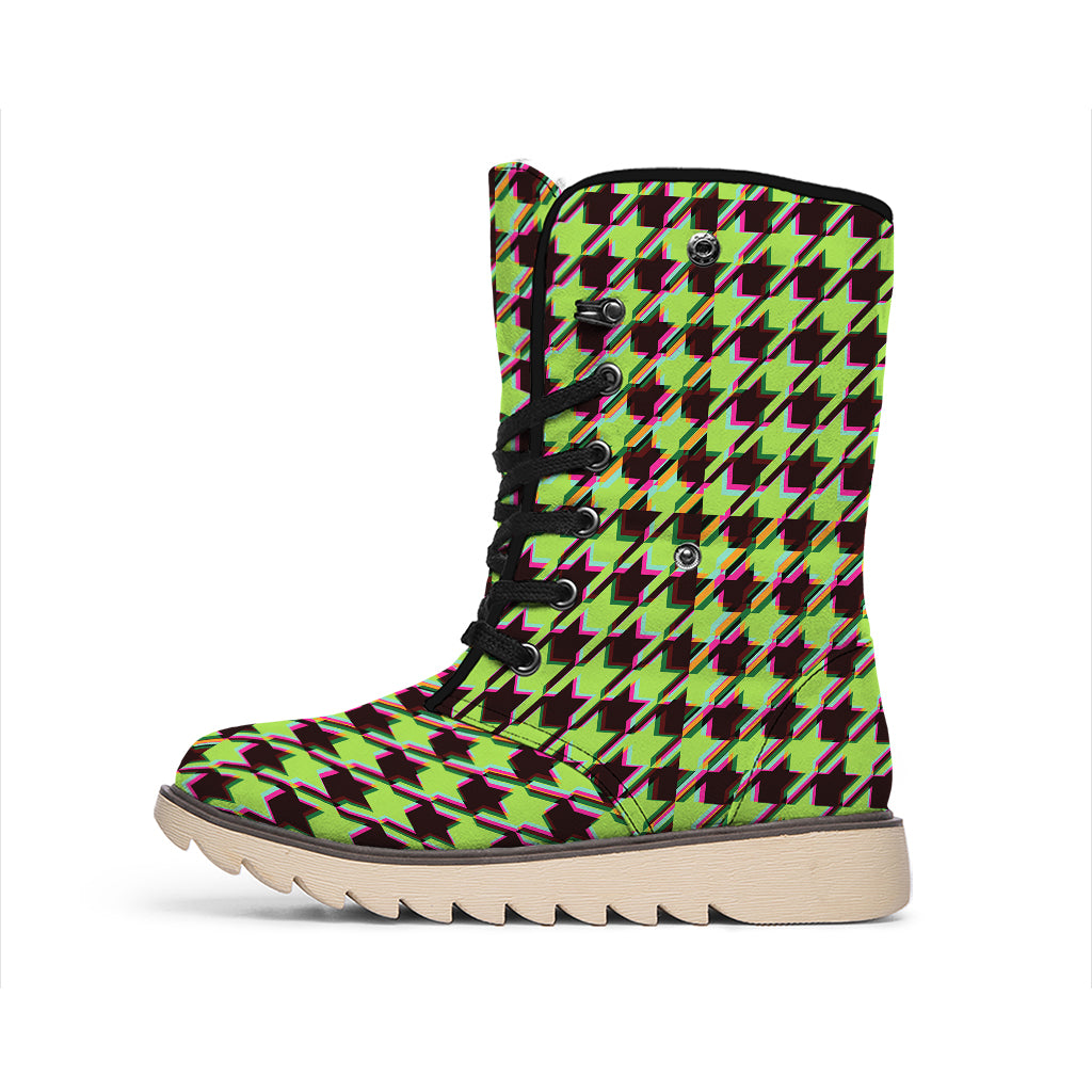 Trippy green Houndstooth Pattern Print Winter Boots