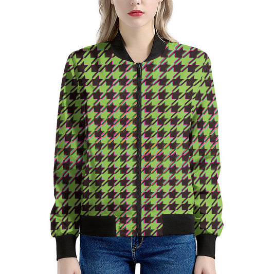 Trippy green Houndstooth Pattern Print Women's Bomber Jacket