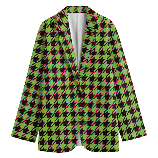 Trippy green Houndstooth Pattern Print Women's Cotton Blazer