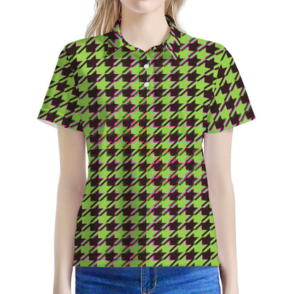 Trippy green Houndstooth Pattern Print Women's Polo Shirt