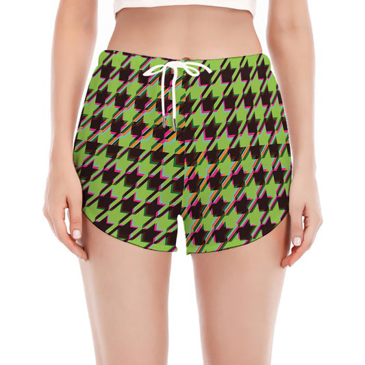 Trippy green Houndstooth Pattern Print Women's Split Running Shorts