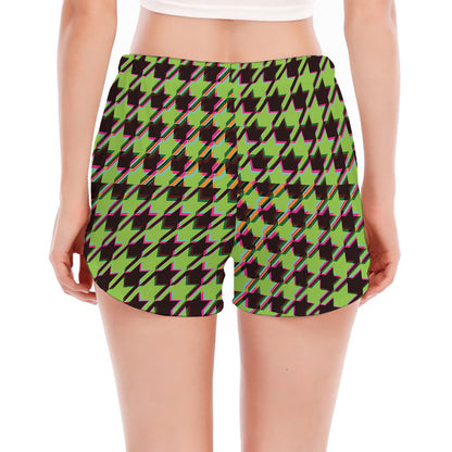 Trippy green Houndstooth Pattern Print Women's Split Running Shorts